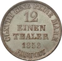 reverse of 1/12 Thaler - Georg V (1852 - 1853) coin with KM# 219 from German States. Inscription: CLXVIII EINE FEINE MARK 12 EINEN THALER 1853 JUSTIRT