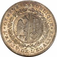 obverse of 1 Thaler (1795) coin with KM# 111 from Swiss cantons. Inscription: GENEVE · REPUBLIQUE L'AN · IV · DE L'EGALITE