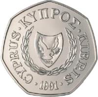 obverse of 50 Cents - Abduction of Europa - Silver Proof Issue (1991) coin with KM# 66a from Cyprus. Inscription: CYPRUS ΚΥΠΡΟΣ KIBRIS 1991 1960