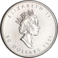 obverse of 50 Dollars - Elizabeth II - Platinum Bullion; 3'rd Portrait (1990 - 1999) coin with KM# 195 from Canada. Inscription: ELIZABETH II 50 DOLLARS 1991