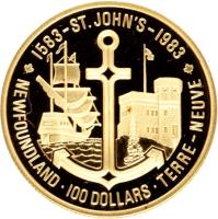 reverse of 100 Dollars - Elizabeth II - 400th Anniversary of St. John's, Newfoundland (1983) coin with KM# 139 from Canada. Inscription: 1583 - ST JOHN'S - 1983 NEWFOUNDLAND . 100 DOLLARS . TERRE NEUVE