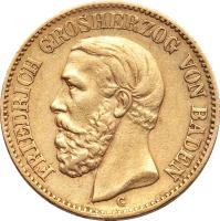 obverse of 20 Mark - Friedrich I (1872 - 1873) coin with KM# 261 from German States. Inscription: FRIEDRICH GROSHERZOG VON BADEN G