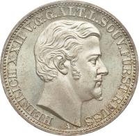 obverse of 1 Vereinsthaler - Heinrich XXII (1868) coin with KM# 120 from German States. Inscription: HEINRICH XXII V.G.G.ALT.L.SOUV.FURST REUSS A