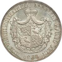 reverse of 1 Vereinsthaler - Heinrich XXII (1868) coin with KM# 120 from German States. Inscription: EIN VEREINSTHALER XXX EIN PFUND FEIN 1868