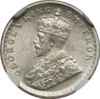 obverse of 2 Annas - George V (1911) coin with KM# 514 from India. Inscription: GEORGE V KING EMPEROR