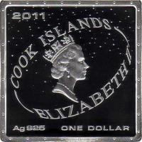 obverse of 1 Dollar - Elizabeth II - 50th Anniversary of the First Man in Space (2011) coin from Cook Islands. Inscription: 2011 COOK ISLANDS ELIZABETH II Ag 925 ONE DOLLAR