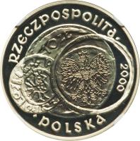 obverse of 10 Zlotych - 1000th Anniversary of Gniezno Convention (2000) coin with Y# 381 from Poland. Inscription: RZECZPOSPOLITA POLSKA 2000