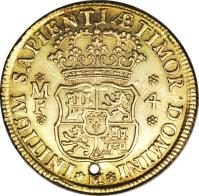 reverse of 4 Escudos - Fernando VI (1747) coin with KM# 136 from Mexico. Inscription: *MF* *4* INITIUM SAPIENTIÆ TIMOR DOMINI