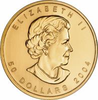 obverse of 50 Dollars - Elizabeth II - 25th Anniversary of Gold Bullion Maple Leaf - 4'th Portrait (2004) coin from Canada. Inscription: ELIZABETH II 50 DOLLARS 2004