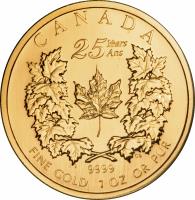 reverse of 50 Dollars - Elizabeth II - 25th Anniversary of Gold Bullion Maple Leaf - 4'th Portrait (2004) coin from Canada. Inscription: CANADA 25 Years Ans CS 9999 FINE GOLD 1 OZ OR PUR