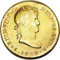 obverse of 8 Escudos - Fernando VII (1822 - 1824) coin with KM# 91 from Bolivia. Inscription: FERDIN.VII.D.G.HISP.ET IND.R. 1822