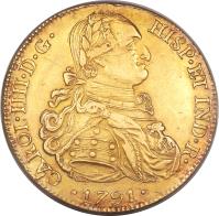 obverse of 8 Escudos - Carlos IV (1791) coin with KM# 77 from Bolivia.