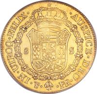 reverse of 8 Escudos - Carlos IV (1791) coin with KM# 77 from Bolivia.