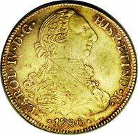 obverse of 8 Escudos - Carlos IV (1789 - 1790) coin with KM# 68 from Bolivia. Inscription: CAROL · IV · D · G · HISP · ET IND · R ·