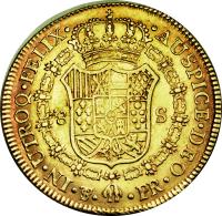 reverse of 8 Escudos - Carlos IV (1789 - 1790) coin with KM# 68 from Bolivia. Inscription: IN · UTROQ · FELIX · · AUSPICE · DEO · 8 S · PTS · · PR ·