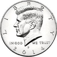 obverse of 1/2 Dollar - 50th Anniversary of Kennedy Half Dollar (2014) coin with KM# A202b.1 from United States. Inscription: LIBERTY . IN GOD WE TRUST