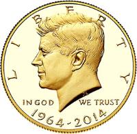 obverse of 1/2 Dollar - 50th Anniversary of Kennedy Half Dollar (2014) coin with KM# 587 from United States. Inscription: LIBERTY, IN GOD WE TRUST, 1964-2014