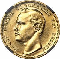 obverse of 20 Mark - Ernst Ludwig (1893) coin with KM# 367 from German States. Inscription: ERNST LUDWIG GROSHERZOG VON HESSEN