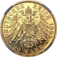 reverse of 20 Mark - Ernst Ludwig (1893) coin with KM# 367 from German States. Inscription: DEUTSCHES REICH 1893 * 20 MARK *