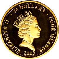 obverse of 50 Dollars - Elizabeth II - 50th Anniversary of Full Gospel Business Men's Fellowship International (2003) coin from Cook Islands. Inscription: ELIZABETH II · 50 DOLLARS · COOK ISLANDS RDM 2003