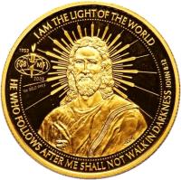 reverse of 50 Dollars - Elizabeth II - 50th Anniversary of Full Gospel Business Men's Fellowship International (2003) coin from Cook Islands. Inscription: I AM THE LIGHT OF THE WORLD 1953 FGB MFI 2003 1oz GOLD 999,9 HE WHO FOLLOWS AFTER ME SHALL NOT WALK 