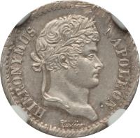 obverse of 1/2 Frank - Jerome Napoleon (1808) coin with KM# 98 from German States. Inscription: HIERONYMUS / NAPOLEON.