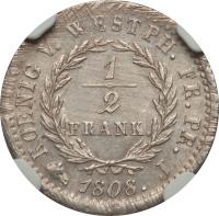 reverse of 1/2 Frank - Jerome Napoleon (1808) coin with KM# 98 from German States. Inscription: 1/2 Frank KOENIG V. WESTPH. FR.PR. 1808. J