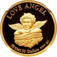 reverse of 50 Dollars - Elizabeth II - Christmas (1997) coin with KM# 926 from Cook Islands. Inscription: LOVE ANGEL 10 GMS 50 Dollars .999 AU