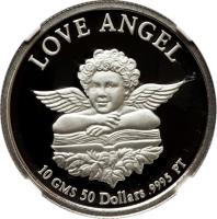 reverse of 50 Dollars - Elizabeth II - Christmas (1997) coin from Cook Islands. Inscription: LOVE ANGEL 10 GMS 50 Dollars .9995 PT