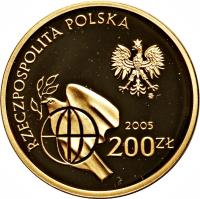 obverse of 200 Złotych - 60th Anniversary of the End of World War II (2005) coin with Y# 887 from Poland. Inscription: RZECZPOSPOLITA POLSKA 2005 200 ZŁ