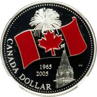 reverse of 1 Dollar - Elizabeth II - 40th Anniversary of the Canadian Flag - Coloured red (2005) coin with KM# 549b from Canada. Inscription: 1985 2005 CANADA DOLLAR