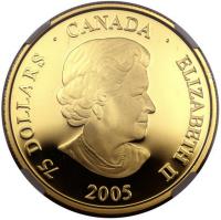 obverse of 75 Dollars - Elizabeth II - Pope John Paul II (2005) coin with KM# 567 from Canada. Inscription: 75 DOLLARS · CANADA · ELIZABETH II 2005