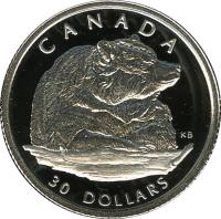 reverse of 30 Dollars - Elizabeth II - Canadian Wildlife: Grizzly bear (2004) coin with KM# 1105 from Canada. Inscription: CANADA 30 DOLLARS KB