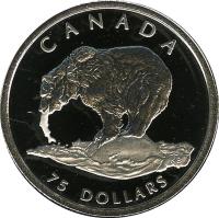 reverse of 75 Dollars - Elizabeth II - Canadian Wildlife: Grizzly bear (2004) coin with KM# 1106 from Canada. Inscription: CANADA 75 DOLLARS KB