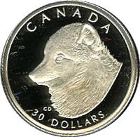 reverse of 30 Dollars - Elizabeth II - Canadian Wildlife: Arctic fox (1993) coin with KM# 240 from Canada. Inscription: CANADA 30 DOLLARS CD