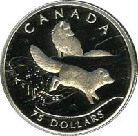 reverse of 75 Dollars - Elizabeth II - Canadian Wildlife: Arctic fox (1993) coin with KM# 241 from Canada. Inscription: CANADA 75 DOLLARS CD