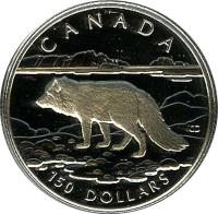 reverse of 150 Dollars - Elizabeth II - Canadian Wildlife: Arctic fox (1993) coin with KM# 242 from Canada. Inscription: CANADA 150 DOLLARS CD