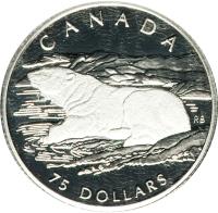 reverse of 75 Dollars - Elizabeth II - Canadian Wildlife: Polar bear (1990) coin with KM# 175 from Canada. Inscription: CANADA 75 DOLLARS RB