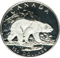 reverse of 150 Dollars - Elizabeth II - Canadian Wildlife: Polar bear (1990) coin with KM# 176 from Canada. Inscription: CANADA 150 DOLLARS RB