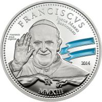 reverse of 2 Dollars - Elizabeth II - First Anniversary of the pontificate of Pope Francis (2014) coin from Cook Islands. Inscription: FRANCISCVS JORGE MARIO BERGOGLIO miserando atque eligendo 2014 MMXIII