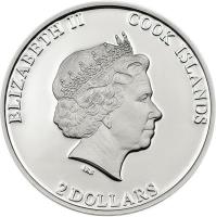 obverse of 2 Dollars - Elizabeth II - Canonization of Pope John Paul II (2014) coin from Cook Islands. Inscription: ELIZABETH II COOK ISLANDS IRB 2 DOLLARS