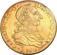 obverse of 8 Escudos - Carlos III (1762 - 1771) coin with KM# 155 from Mexico. Inscription: CAROLUS*III*D*G* HISP*ET*IND*REX *1763*