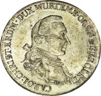 obverse of 1 Taler - Karl Christian Erdmann (1785) coin with KM# 87 from German States. Inscription: CAROL.CHRIST.ERDM.DUX WURTEMB.OLSN.&BEROLST.