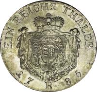 reverse of 1 Taler - Karl Christian Erdmann (1785) coin with KM# 87 from German States. Inscription: EIN REICHS THALER 17 / 85 CUM DEO / ET DIE