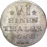 reverse of 1/6 Thaler - Adolf Frederick - Swedish occupation (1760 - 1761) coin with KM# 412 from German States. Inscription: * VI * EINEN THALER 1760 OHK