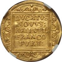 reverse of 1 Dukat (1633 - 1644) coin with KM# 85 from German States. Inscription: DVCATVS NOVVS: REIPVBL. FRANCO FVRT: