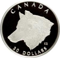 reverse of 30 Dollars - Elizabeth II - Canadian Wildlife: Grey Wolf (1998) coin with KM# 322 from Canada. Inscription: CANADA 30 DOLLARS KB