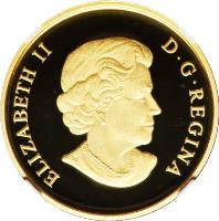 obverse of 100 Dollars - Elizabeth II - 150th Anniversary of the Cariboo Gold Rush (2012) coin with KM# 1219 from Canada. Inscription: ELIZABETH II D · G · REGINA