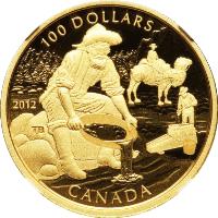 reverse of 100 Dollars - Elizabeth II - 150th Anniversary of the Cariboo Gold Rush (2012) coin with KM# 1219 from Canada. Inscription: 100 DOLLARS 2012 TB CANADA