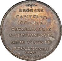 obverse of 1 Taler - Anton Ignaz Josef - Sede Vacante (1787) coin with KM# 450 from German States. Inscription: REGANS. CAPITVLVM ECCLESIAE CATHEDRALIS RATISBONENSIS SEDE VACANTE. MDCCLXXXVII. 10.EINE F.MARK.